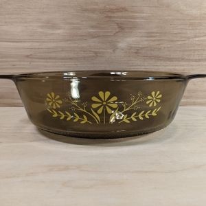 Vintage Glasbake Smoke Glass Yellow Daisy Days Pattern Round Casserole Dish